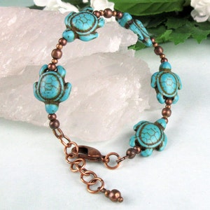 Whimsical Turtle Bracelet, Turquoise Howlite Gemstone Beads, Turquoise and Brown, Antiqued Copper, Carved Sea Turtles