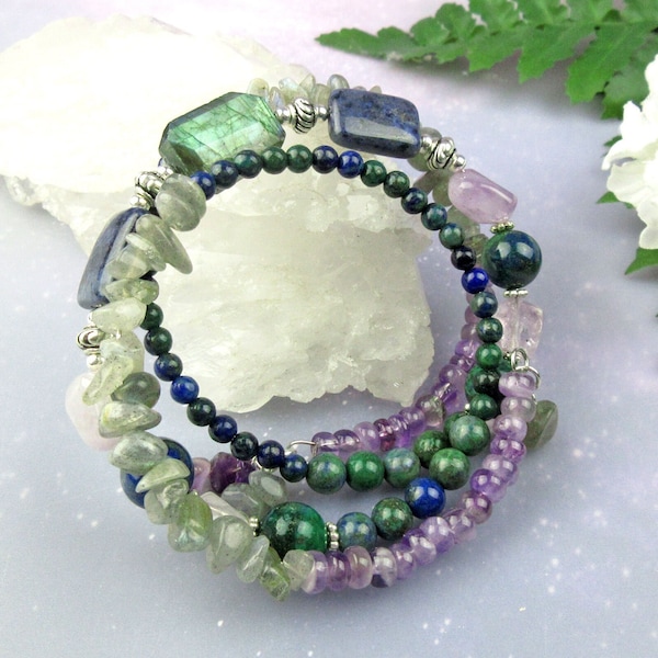 Labradorite Memory Wire Bracelet, Azurite Malachite, Dumortierite and Amethyst Natural Gemstones, Calming Energies
