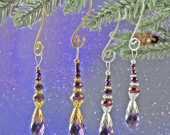Icicle Ornament, Miniature Ornament, Crystal Suncatcher, Christmas Ornament, Purple Glass Crystals, Bright Silver or Gold, Sold Individually