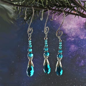Icicle Ornament, Miniature Tree Ornament, Crystal Suncatcher, Christmas Ornament, Teal Glass Crystals, Silver or Gold, Handmade Hanger