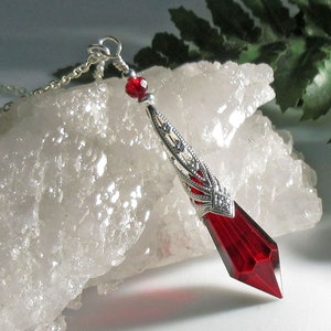 Icicle Prism Pendant, Ruby Red, Bright Silver Decorative Cone, Crystal Necklace, Mystical, Pendulum Necklace, Victorian Style Jewelry