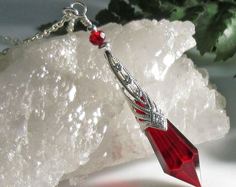Icicle Prism Pendant, Ruby Red, Bright Silver Decorative Cone, Crystal Necklace, Mystical, Pendulum Necklace, Victorian Style Jewelry