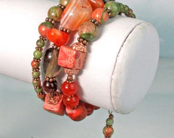 Fire and Earth Gemstone Bracelet, Unakite, Tiger Eye, Carnelian, Jasper, Smoky Quartz, Memory Wire Bracelet, Confidence Building Jewelry