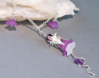 Columbine Flower Romantic Necklace, Amethyst Crystals, Purple Flowers, February Birthstone, Lucite Flowers, Delicate Jewelry