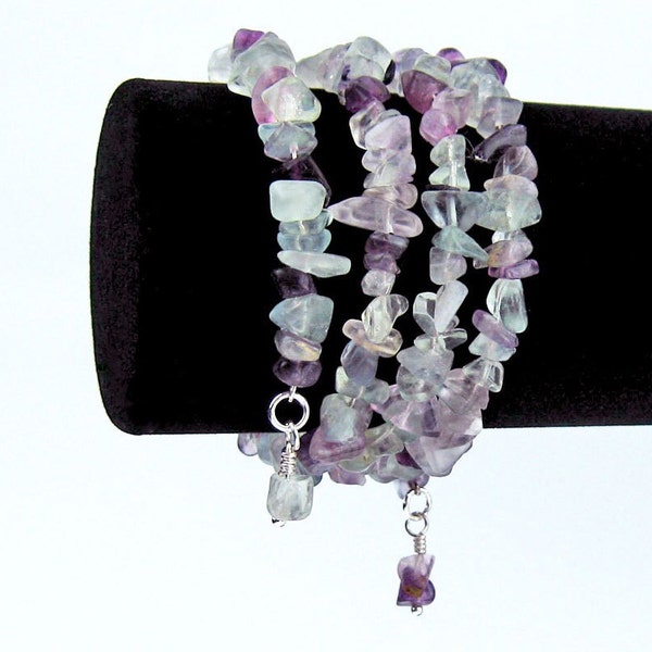 Rainbow Fluorite Crystal Bracelet, Memory Wire Bracelet, Minty Green, Lavender and Purple, Home of Rainbows Gemstone