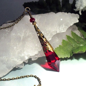 Icicle Prism Pendant, Ruby Red, Antiqued Bronze, Decorative Cone, Crystal Necklace, Mystical, Pendulum Necklace, Elegant Victorian Style