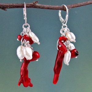 Natural Coral Earrings, Freshwater Pearls, Natural Branch Coral, Deep Red, Creamy White and Silver, Spiritual Guidance, Stones of Diplomacy