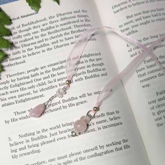 Jeweled Ribbon Bookmark, Rose Quartz Crystal Gemstones, Silver Wire, Pink Organza Ribbon, Hair Ornament, Wire Wrapped Pendant Charms