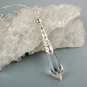 Icicle Prism Pendant, Crystal Clear Asfour Full Lead Crystal Prism, Clear Glass Crystals, Silver Filigree, Mystical Pendulum Necklace