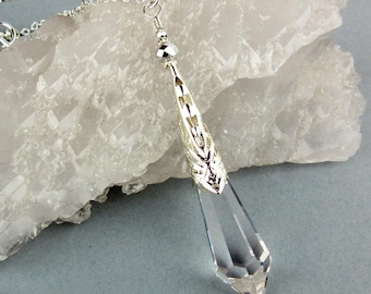 Icicle Prism Pendant, Crystal Clear Asfour Full Lead Crystal Prism, Clear Glass Crystals, Silver Filigree, Mystical Pendulum Necklace