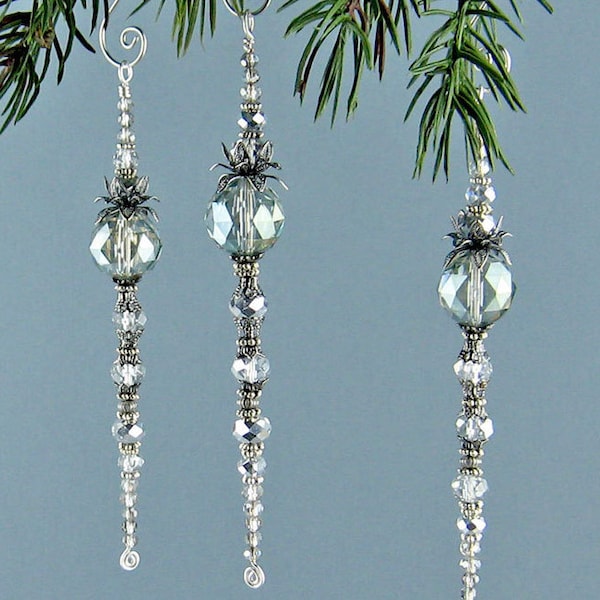 Icicle Ornament, Suncatcher, Smoky Glass Crystals, Antiqued Silver, Christmas Ornament, Handmade Hanger, Meditation Tool, Sold Individually
