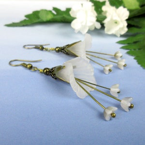 Trumpet Flower Dangle Earrings, Vintage Czech Milk Glass Flower Beads, Frosted White Lucite Flowers, Antiqued Bronze Petals