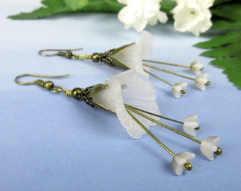 Trumpet Flower Dangle Earrings, Vintage Czech Milk Glass Flower Beads, Frosted White Lucite Flowers, Antiqued Bronze Petals, Romantic Flower