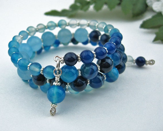 Blue Agate and Jade Bracelet Memory Wire Bracelet Gemstone | Etsy