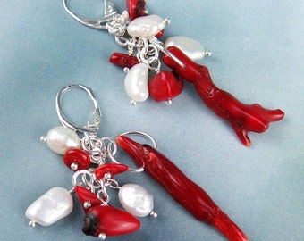 Natural Coral Earrings, Freshwater Pearls, Natural Branch Coral, Deep Red, Creamy White and Silver