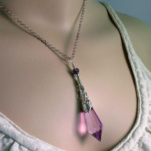 Icicle Prism Pendant, Lilac, Silver Filigree Cone, Purple Crystal, Crystal Necklace, Mystical Pendulum Necklace, Victorian Inspired