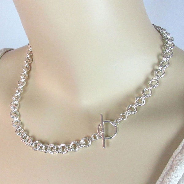 Silver Chain Maille Necklace, Chain Maille Rosettes, Fashion Statement Necklace, Unisex Design