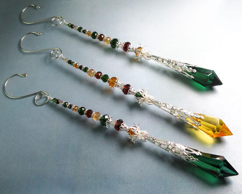 Crystal Suncatcher Meditation Tool Autumn Tones Home Decor Handmade Hanger Glass Crystal Prism Icicle Ornament Silver Green Golden