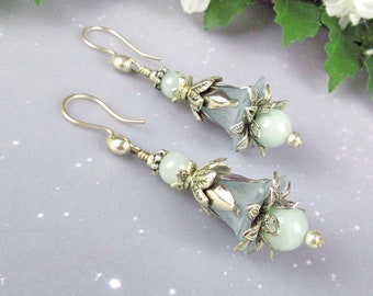 Amazonite Gemstone Earrings, Lucite Flower Petals, Silver Filigree Petals, Seafoam Green, Victorian Style, Woodland Floral Earrings