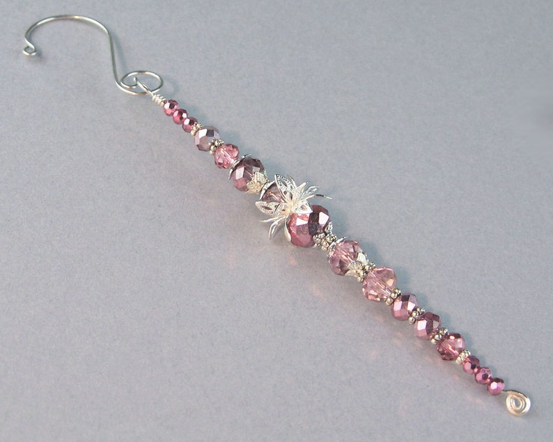 Silver Filigree Meditation Focal Christmas Ornament Crystal Suncatcher Handmade Hanger Pink Crystals Icicle Ornament Bright Silver