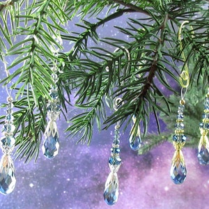 Icicle Ornament, Miniature Tree Ornament, Crystal Suncatcher, Pale Blue Glass Crystals, Bright Silver or Gold, Hand Formed Hanger Included