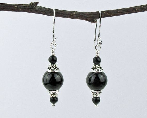 Black Onyx Gemstone Earrings Jet Black and Silver Gothic - Etsy