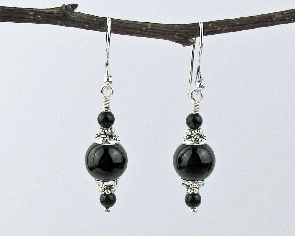 Black Onyx Gemstone Earrings Jet Black Decorative Bead Caps | Etsy