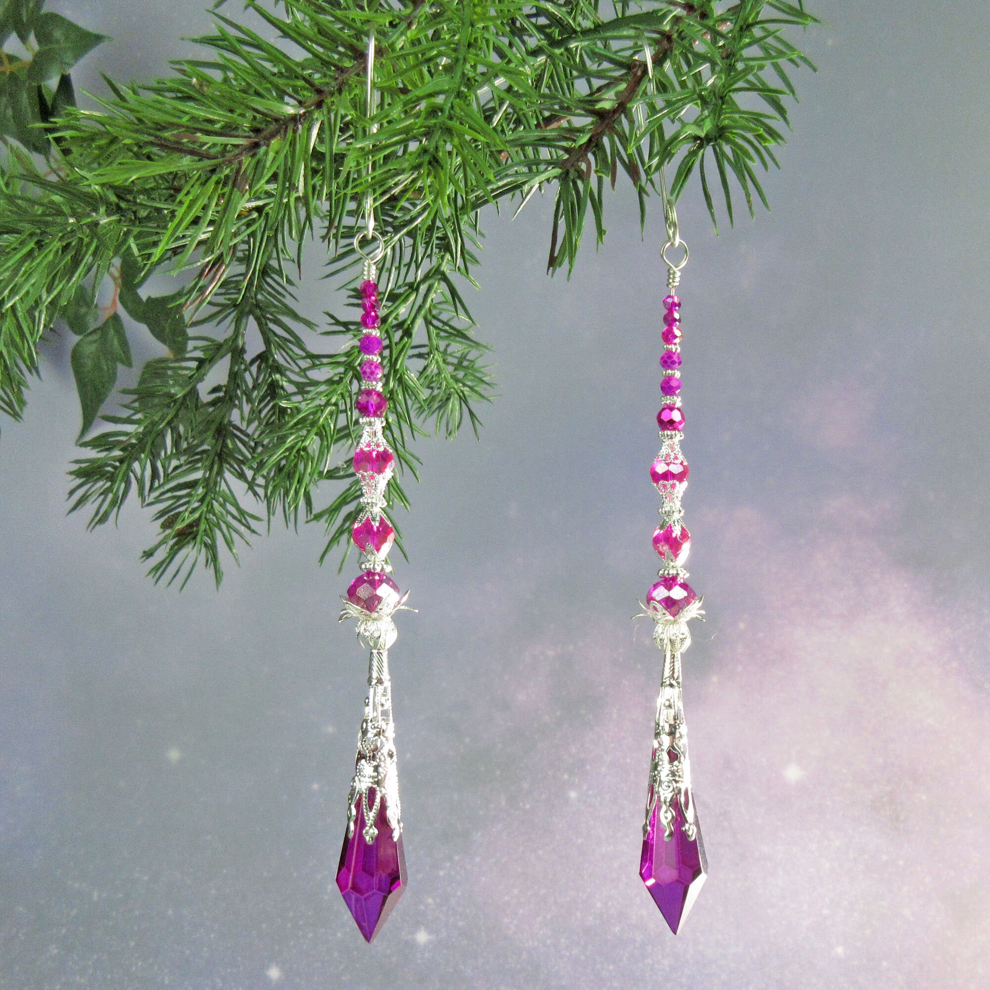 Crystal Suncatcher, Icicle Ornament, Deep Magenta Glass Crystals, Crystal Prism, Silver, Christmas Decor, Meditation Tool, Handmade Hanger