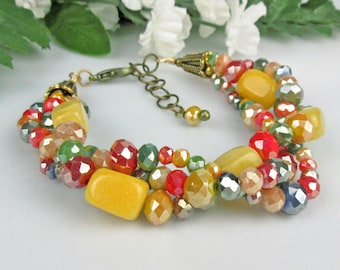 Yellow Jade Bracelet with Golden Yellow, Coral and Green Glass Crystals, Braided Strands, Antiqued Bronze, Fashion Statement