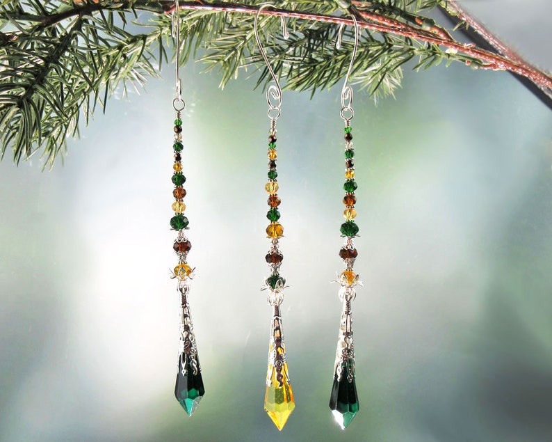 Crystal Suncatcher Meditation Tool Autumn Tones Home Decor Handmade Hanger Glass Crystal Prism Icicle Ornament Silver Green Golden