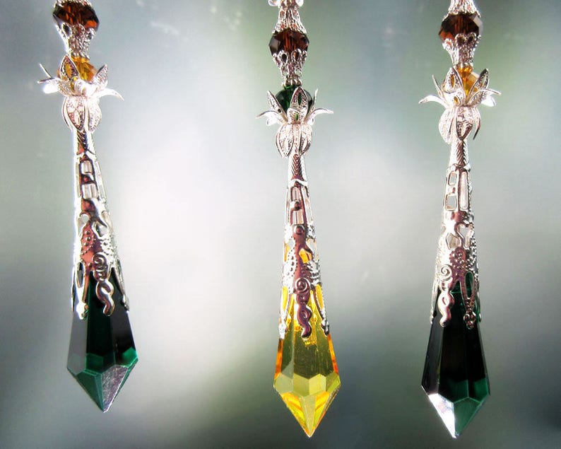 Crystal Suncatcher Meditation Tool Autumn Tones Home Decor Handmade Hanger Glass Crystal Prism Icicle Ornament Silver Green Golden