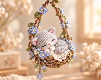 May include: A crocheted gray kitten sleeping in a hanging basket. The basket is decorated with light blue flowers, green leaves, and small white pearls. The structure is suspended by a braided cord, creating a delicate, floral-adorned ornament.