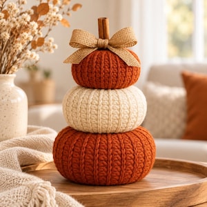Op de afbeelding: Een gestapelde pompoendecoratie bestaande uit drie gehaakte pompoenen in afwisselende kleuren oranje en crème. De bovenste pompoen is versierd met een beige jute strik en een bruine kaneelstok als steeltje.