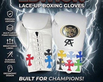 Guantoni da boxe bianchi personalizzati con lacci "No Boxing No Life" / Attrezzatura da allenamento e sparring con patchwork a croce colorata