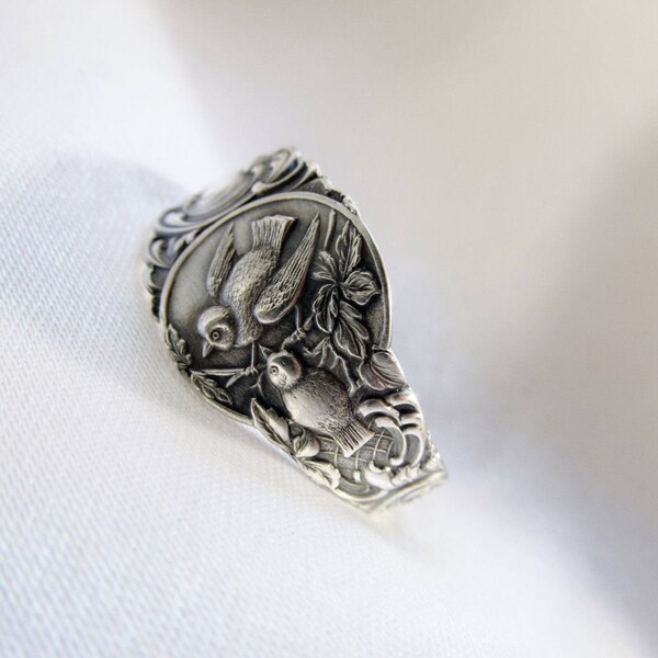 Nature Inspired Bird Spoon Ring Sterling Silver Momma and Baby Birds Woodland Nature Animal Ring by Treasure Grotto