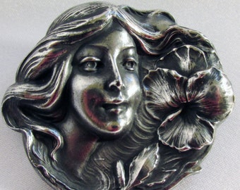 Fishel Nessler Art Nouveau Lady With Flowing Hair Hibiscus Flower Sterling Silver Large Brooch Earliest Known Hallmark