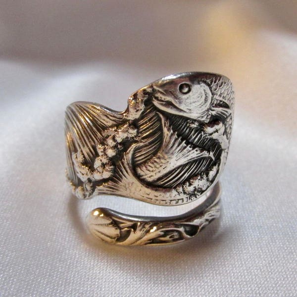 Fish Thumb Ring Ocean Spoon Ring Sterling Silver Sea Life and Waves Symbolic of Transformation Creation Fertility Adaptability