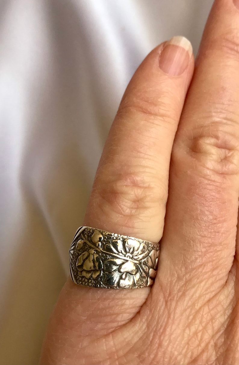 Hollyhock Flower Spoon Ring Summer Floral Ring Sterling Silver Art Nouveau Symbolic Abundance and Survival in Hard Times
