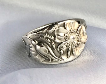 Spoon Ring Wild Rose Flower Sterling Circa 1910 Symbolic of Secrets Kept Delicate Small Spoon Ring Romantic Gift Idea