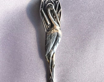 Stork Bird Spoon Pendant Rare Figural Sterling Silver Art Nouveau Animal Ring Woodland Nature Jewelry Treasure Grotto