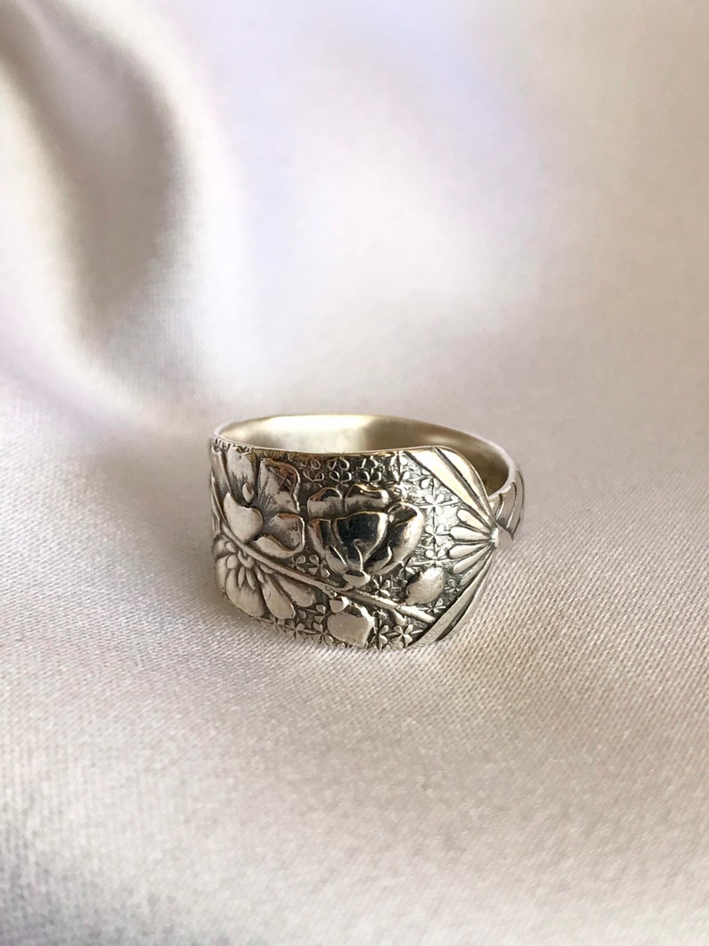 Hollyhock Flower Spoon Ring Summer Floral Ring Sterling Silver Art Nouveau Symbolic Abundance and Survival in Hard Times