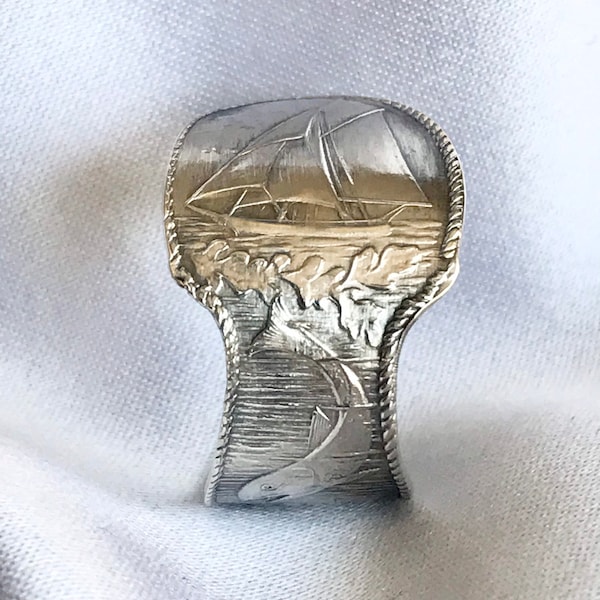 Sailboat Spoon Ring Sail Boat Circa 1905 Nautical Ocean Fish Lighthouse Sterling Silver Unique Gift Idea
