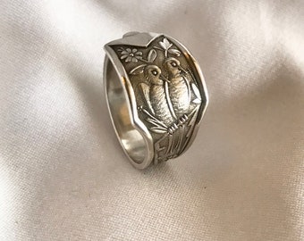 Japonisme Love Bird Spoon Ring Rare Japanese Pattern Antique Circa 1870s Sterling Silver Spoon Ring