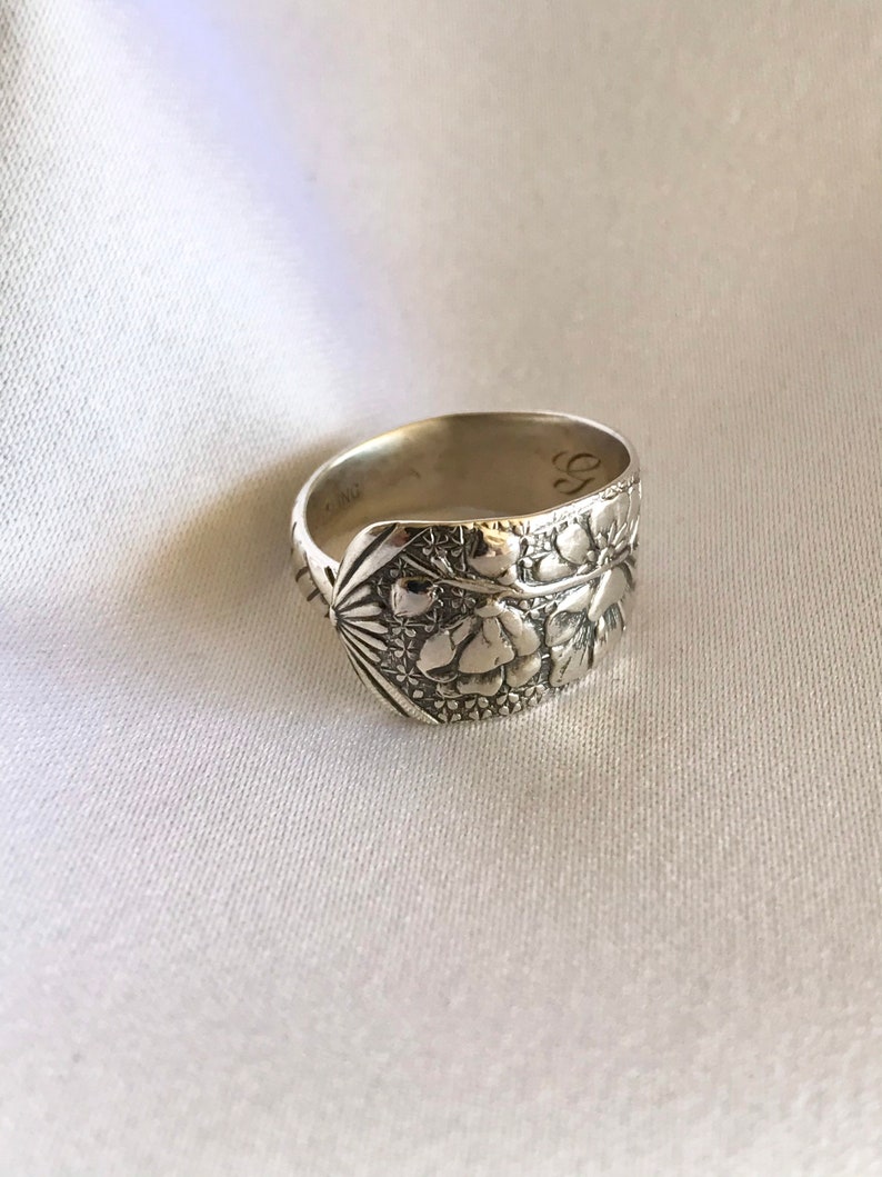 Hollyhock Flower Spoon Ring Summer Floral Ring Sterling Silver Art Nouveau Symbolic Abundance and Survival in Hard Times