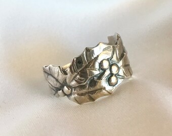 Holly Thumb Ring Spoon Ring Sterling Silver Holiday Jewelry Symbolic of Protection Gift For Her