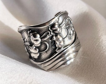 Maiglöckchen-Blumen-Löffel-Ring Sterling-Jugendstil-Statement-Ring, Symbol für die Rückkehr des Glücks