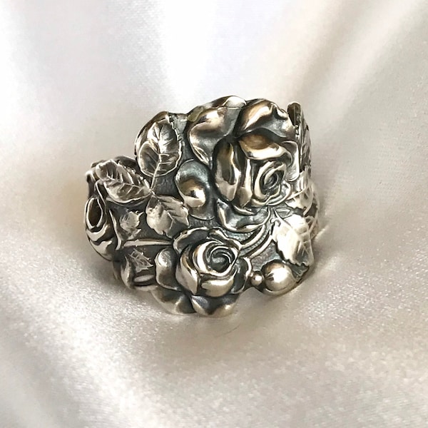 Statement Rose Flower Spoon Ring Big Bold Art Nouveau Sterling Silver Gift for Her