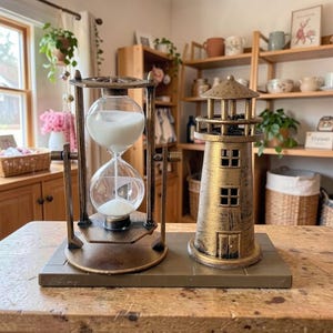 Vintage Lighthouse Hourglass, Bronze Look Sand Timer, Nautical Desk Decor