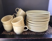 Vintage Fiesta ware, Homer Laughlin, salad plates and cups, timeless, newer yellow P86, discontinued