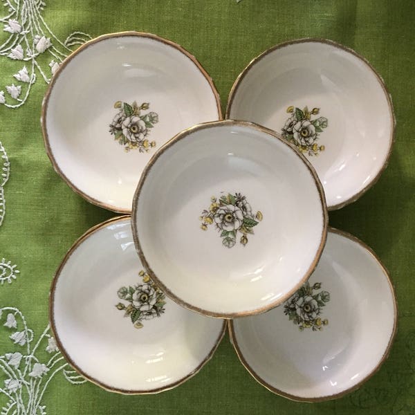 Canonsburg, Vintage fruit bowls, set of 10, Linda pattern, white rose, 22 kt gold trim, vintage, 1940s, dinnerware,